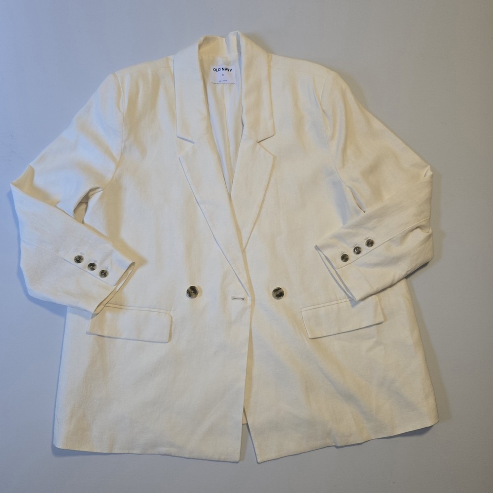 Old Navy Mens Linen Blend Blazer Jacket XL Ivory Double Breasted Sport Coat